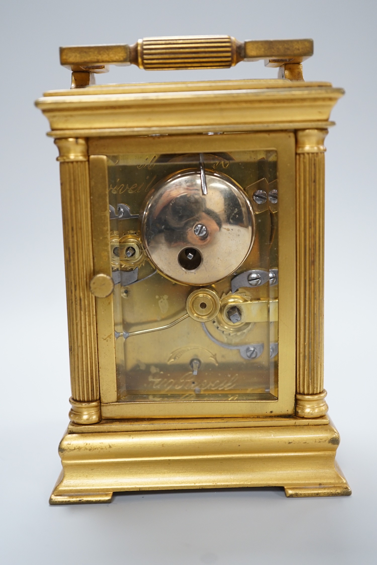A 19th century French brass eight day carriage clock with alarm,. 12cm tall